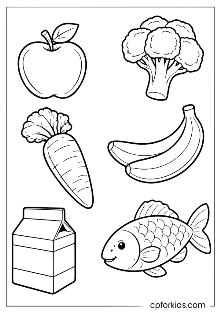 Healthy food worksheet coloring page with six simple foods for preschoolers