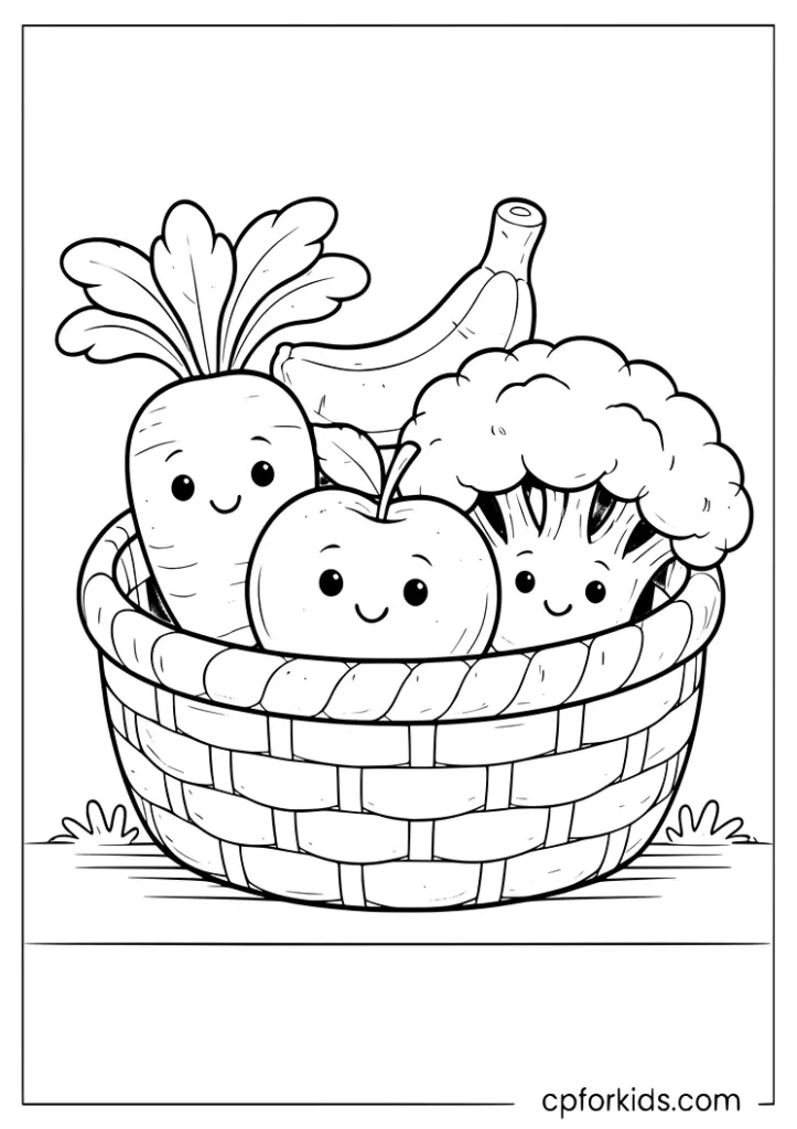 Basket of healthy fruits and vegetables coloring page for kids