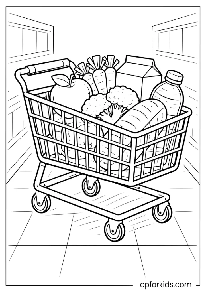 Healthy grocery cart coloring page with fruit vegetables and milk for kids