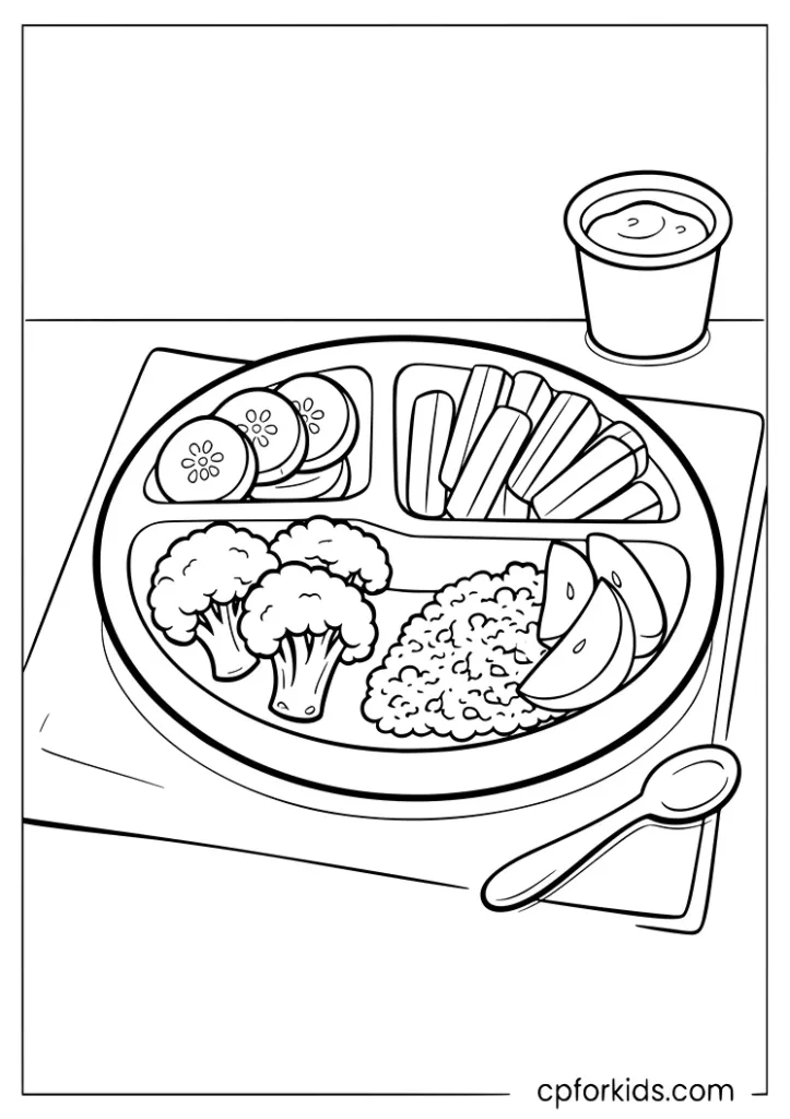 Healthy meal plate coloring page with fruit vegetables and grains