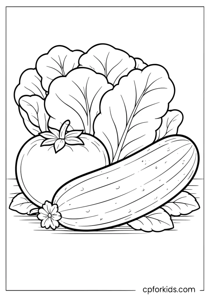 Healthy salad vegetables coloring page with cucumber tomato and lettuce