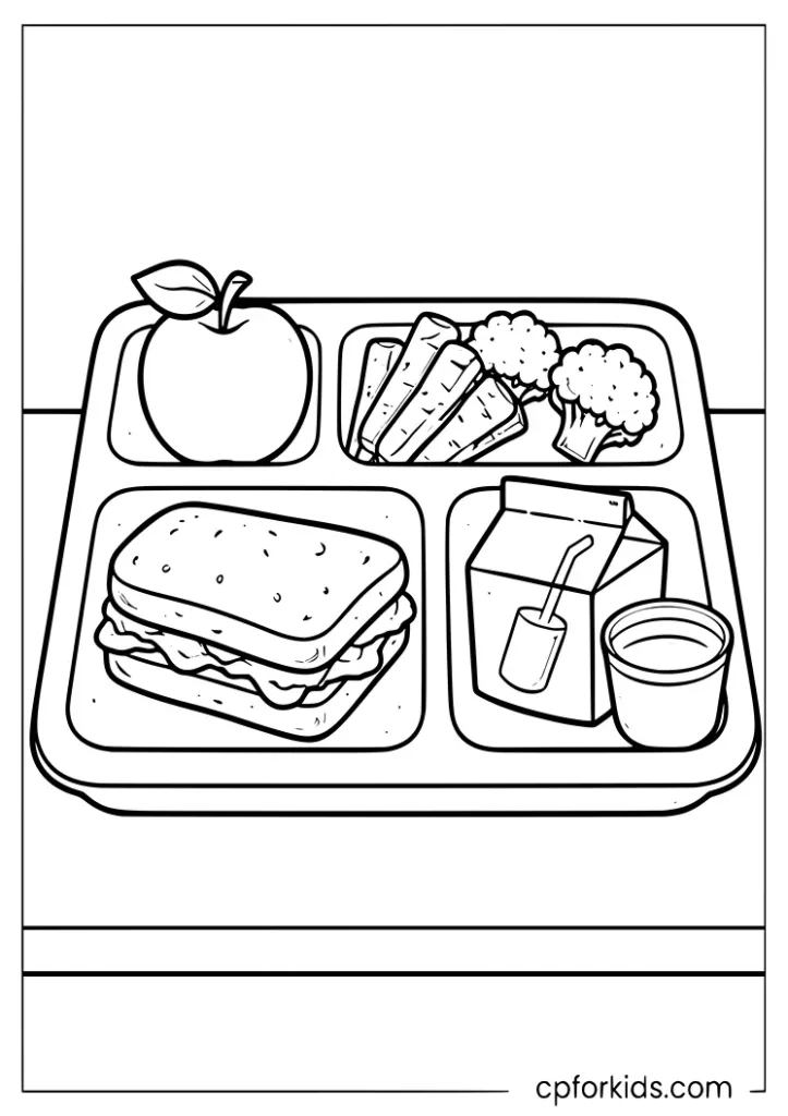 Healthy school lunch tray coloring page with balanced foods for kids
