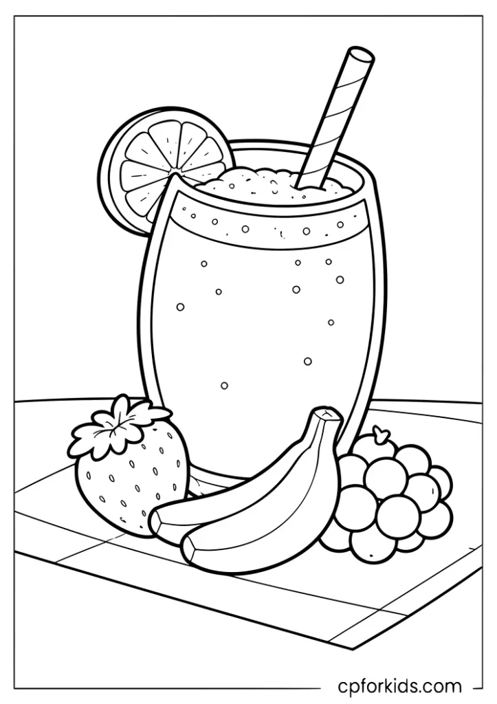 Healthy smoothie glass coloring page with fruit for kids