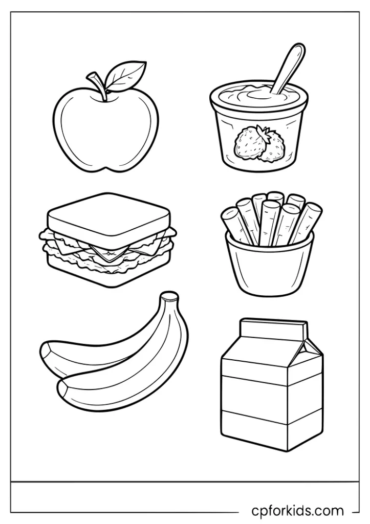 Healthy snacks worksheet coloring page for preschool and kindergarten