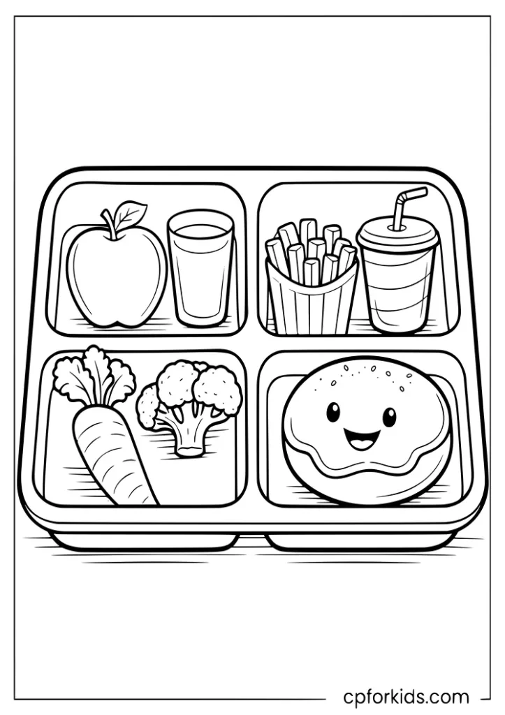 Healthy meal and junk food tray comparison coloring page for kids