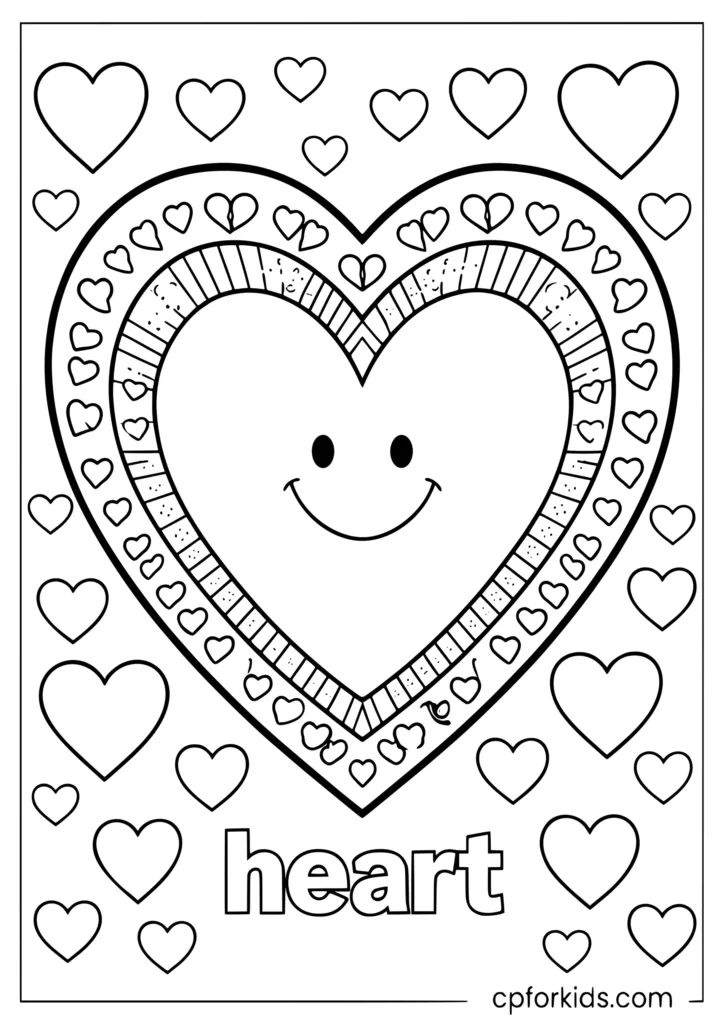 Heart shape coloring page with large decorated heart and floating smaller hearts for kids