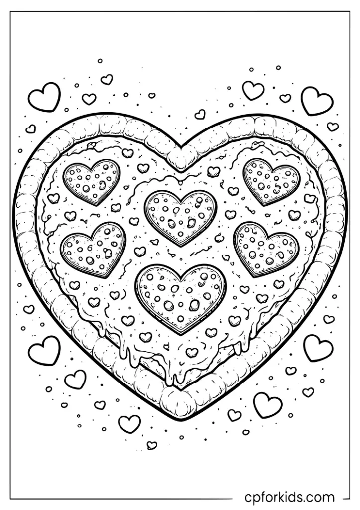 Heart shaped pizza with pepperoni arranged in heart pattern coloring page