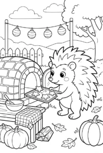 Cute hedgehog baking cookies in a cozy autumn garden
