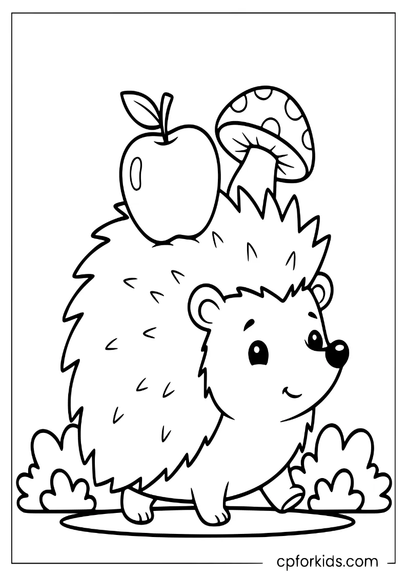 A hedgehog carrying an apple and a mushroom on its back
