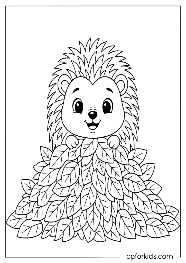 Cute hedgehog hiding under fall leaves coloring page