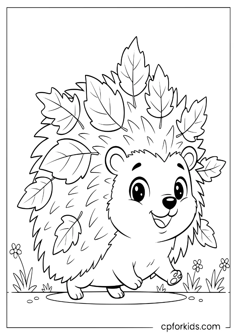 Hedgehog covered in autumn leaves