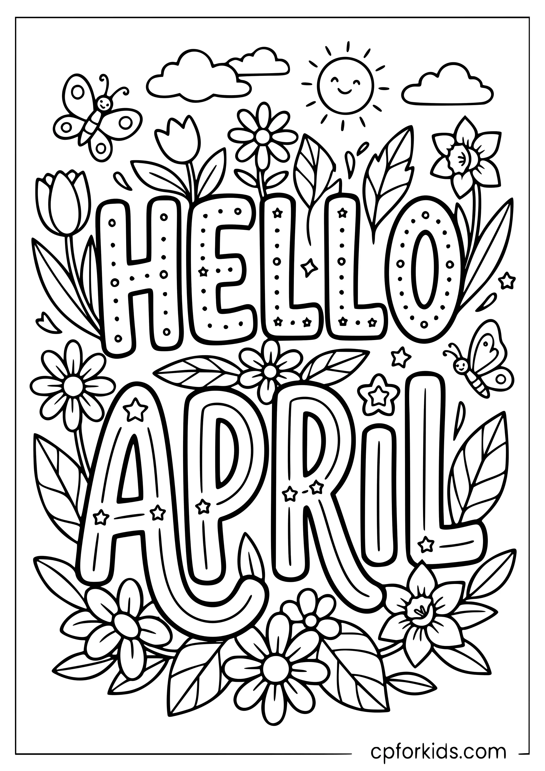 Hello April lettering coloring page with spring flowers