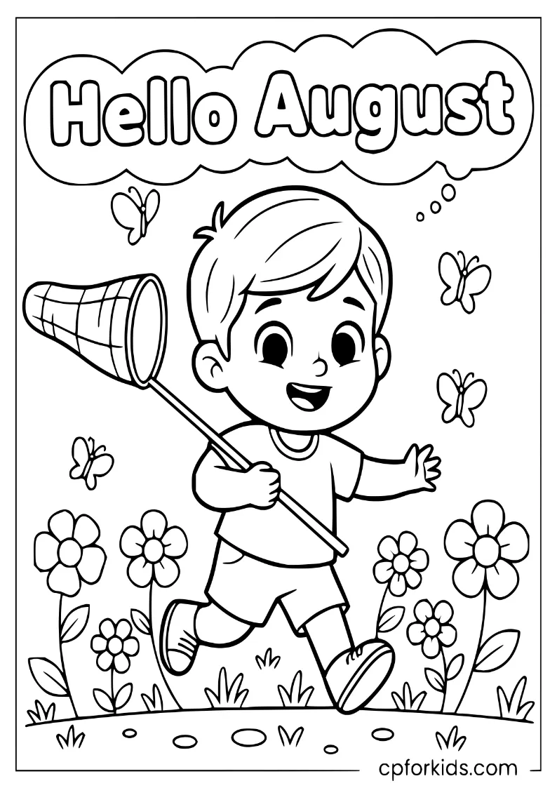 Child chasing butterflies under clouds that spell "Hello August"