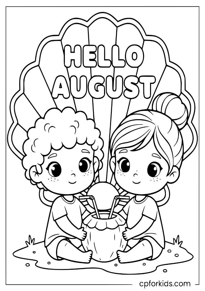 Two children sharing a coconut drink beside a giant "Hello August" seashell