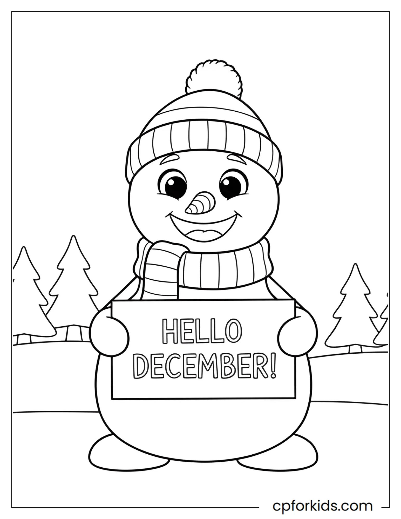 Snowman holds a Hello December sign