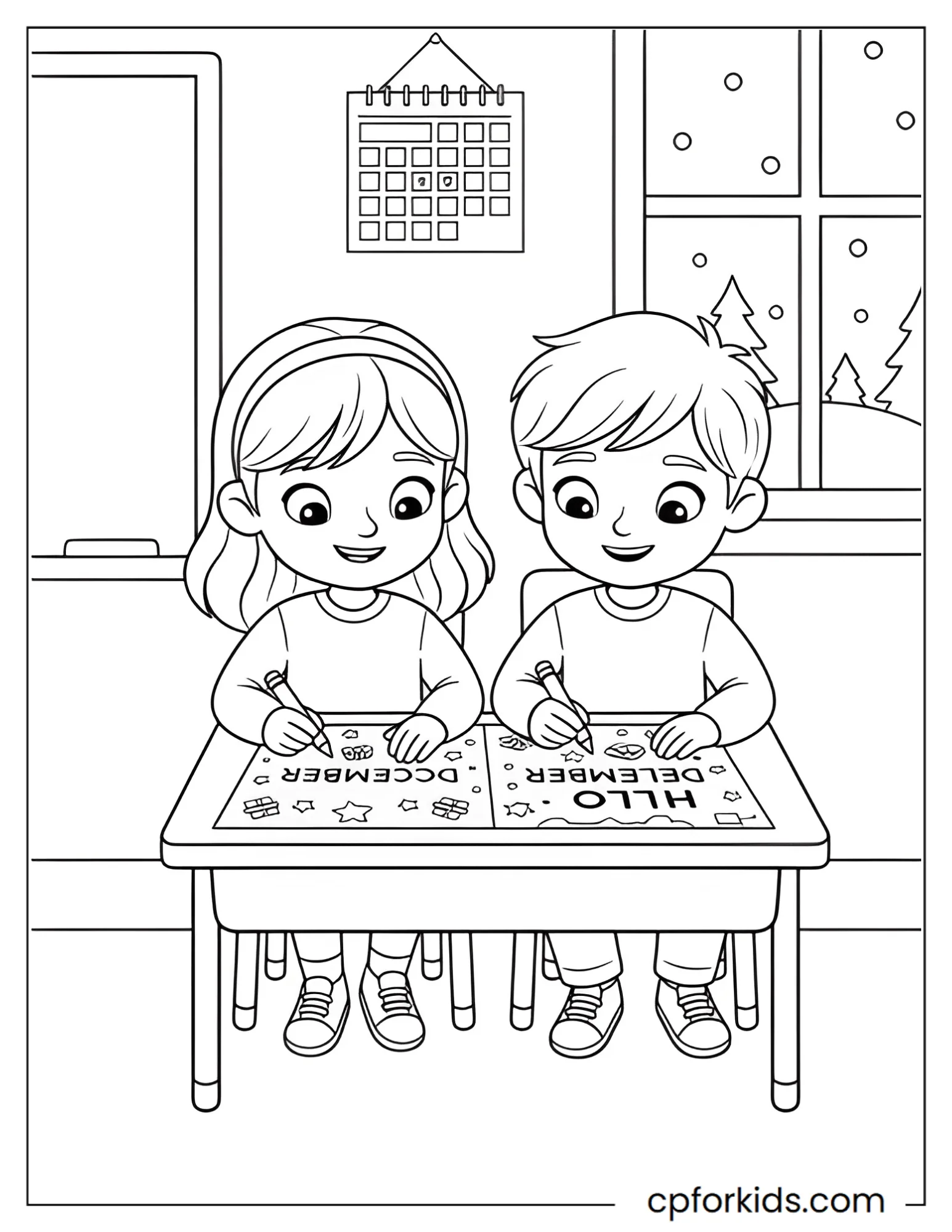 Students color a Hello December cover page