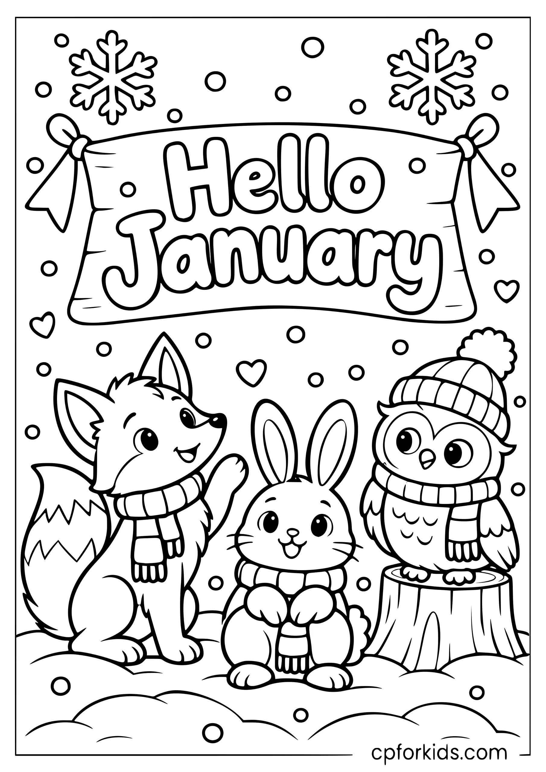Winter animals around a Hello January sign