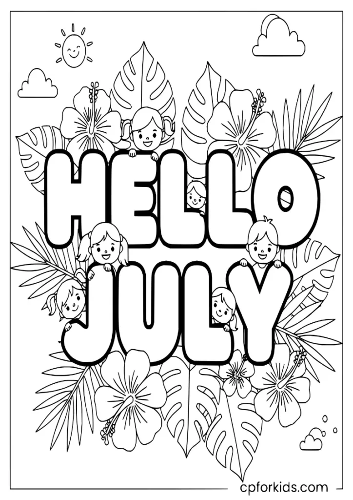 Hello July typography surrounded by tropical hibiscus flowers and palm leaves.