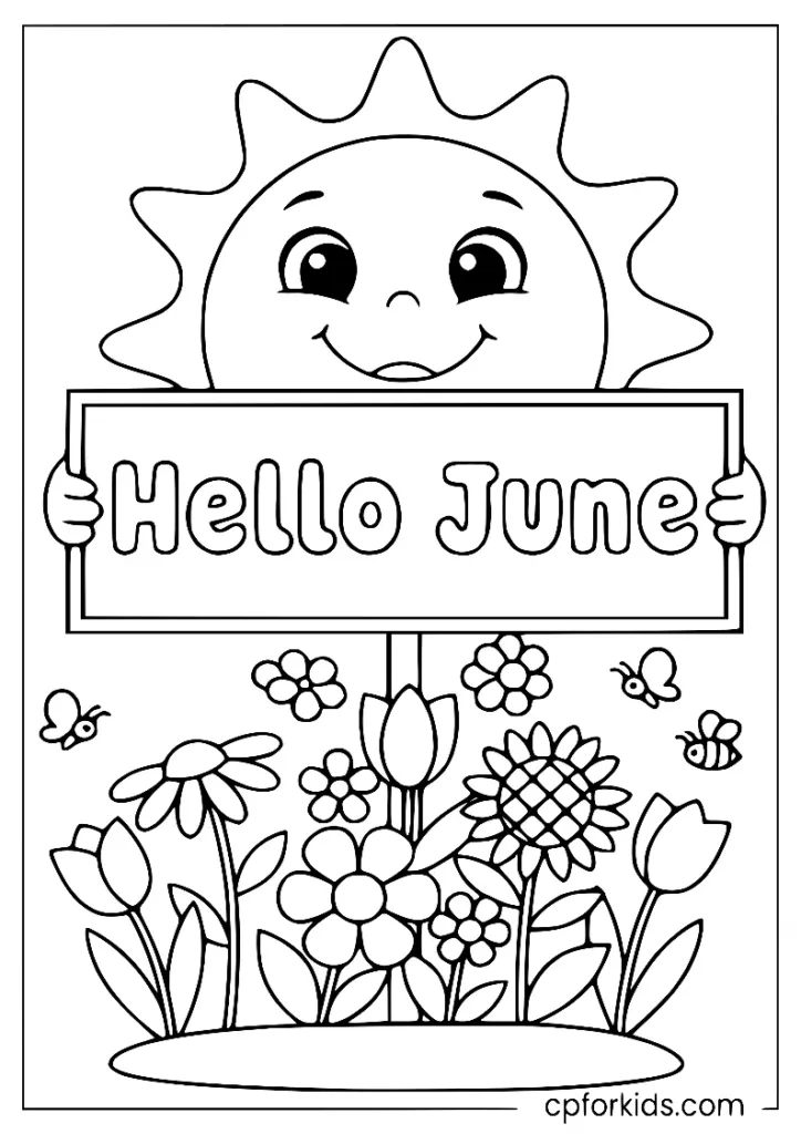 Smiling sun holding a Hello June sign above summer flowers coloring page