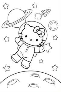 Hello Kitty astronaut floating among planets and stars in space