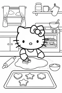Hello Kitty baking shaped cookies at a kitchen counter