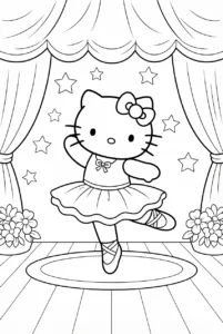 Hello Kitty ballerina dancing in a tutu on a theater stage