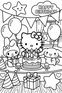 Hello Kitty celebrating a birthday with My Melody and Cinnamoroll