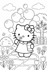 Hello Kitty blowing large bubbles among flowers in a garden