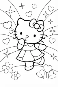 Hello Kitty blowing a kiss with a floating heart and sparkles