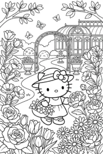 Hello Kitty walking through a botanical garden filled with large flowers