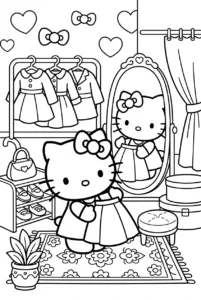 Hello Kitty trying on an outfit in front of a boutique mirror