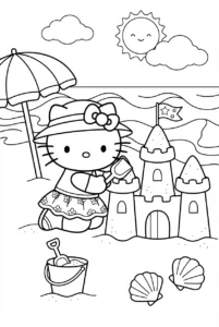 Hello Kitty building a sandcastle with a shovel at the beach