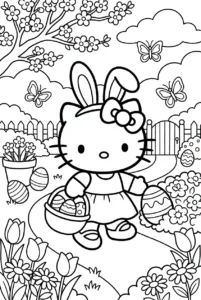Hello Kitty wearing bunny ears while searching for Easter eggs