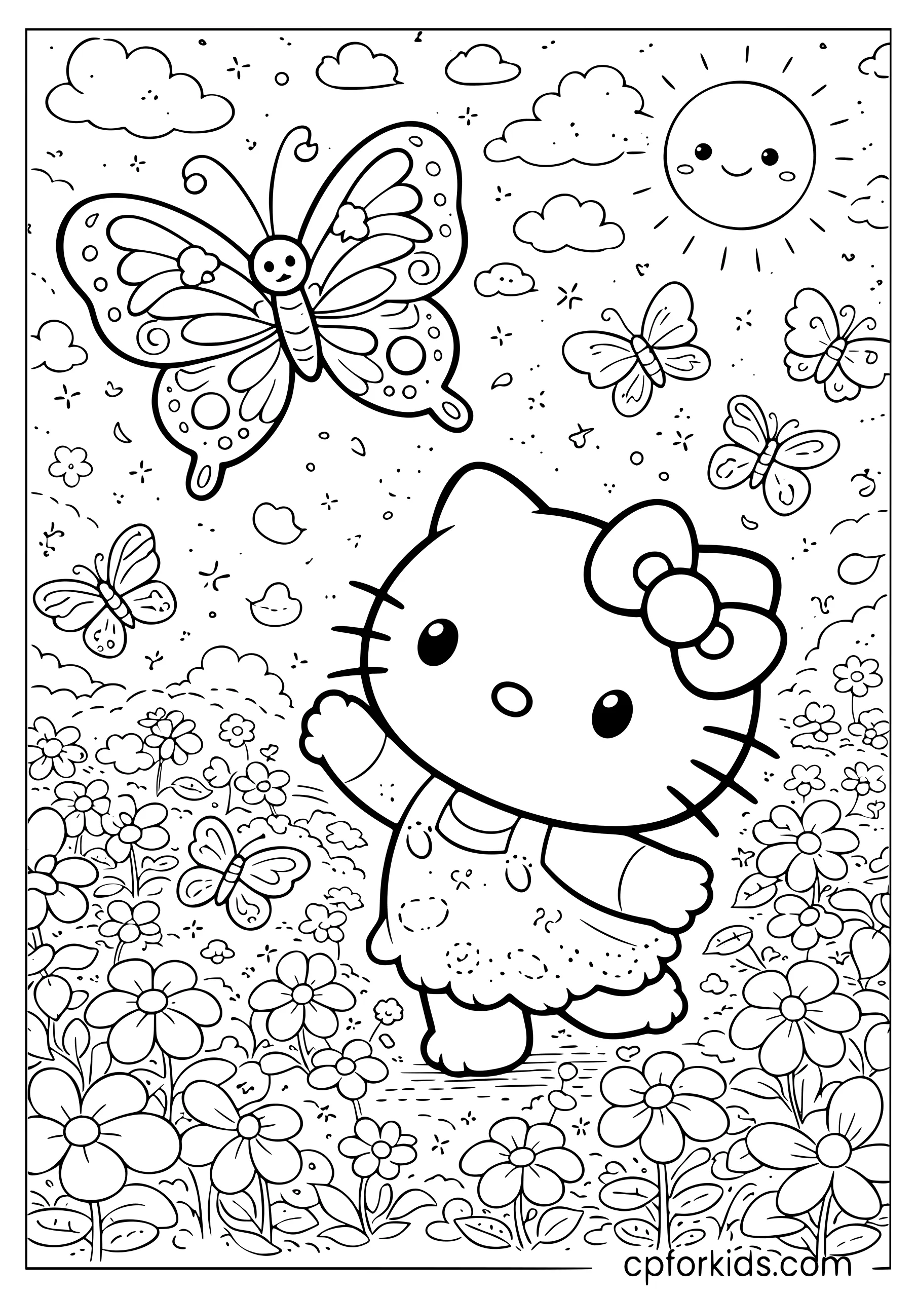 Hello Kitty Chasing Butterflies in the Meadow