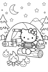 Hello Kitty roasting a marshmallow beside a tent under the stars