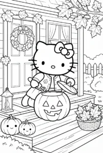 Hello Kitty carving a smiling jack-o-lantern on an autumn porch