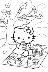 Hello Kitty having a picnic beneath a cherry blossom tree