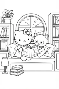 Hello Kitty and Chococat reading a picture book in a cozy library nook