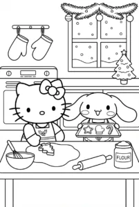 Hello Kitty and Cinnamoroll baking Christmas cookies in a festive kitchen