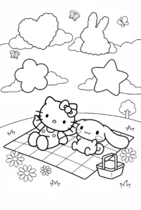 Hello Kitty and Cinnamoroll watching clouds from a grassy hill