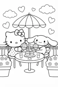 Hello Kitty and Cinnamoroll sharing cupcakes at an outdoor café