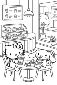 Hello Kitty and Cinnamoroll holding boba drinks at an outdoor café