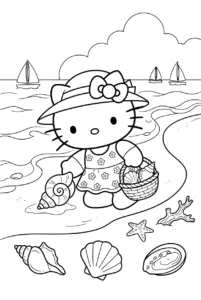 Hello Kitty collecting seashells in a basket along the beach