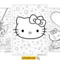 Three Hello Kitty coloring pages — Spiderman city swing, kawaii face close-up, and a romantic kiss scene