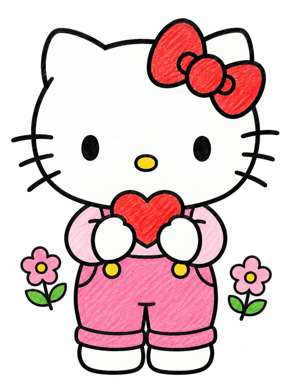 Hello Kitty holding a red heart beside pink flowers