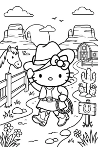 Hello Kitty dressed as a cowgirl walking with a lasso at a western ranch