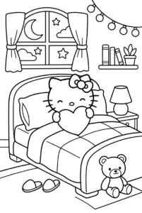 Hello Kitty cozy in bed with pillows beneath a moonlit window