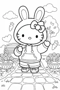 Hello Kitty wearing a bunny hoodie with long ears and sneakers