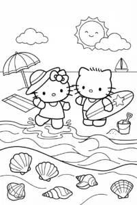 Hello Kitty and Dear Daniel enjoying the beach beside ocean waves