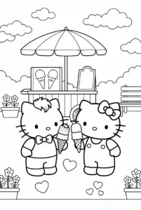 Hello Kitty and Dear Daniel eating ice cream beside a summer cart